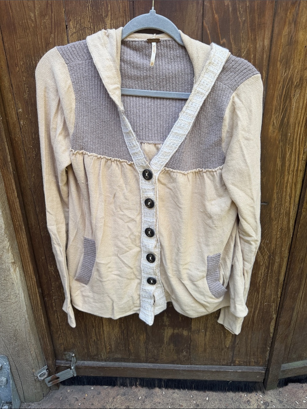 Free People Beige Two-Tone Hooded Button Cardigan Sweater